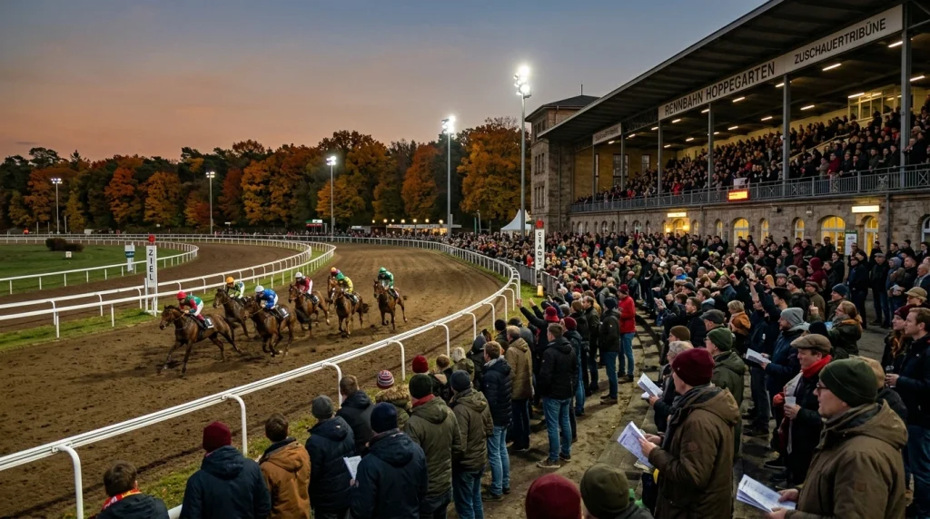 Panorama einer deutschen Galoppennbahn mit Zuschauern auf der Tribüne
