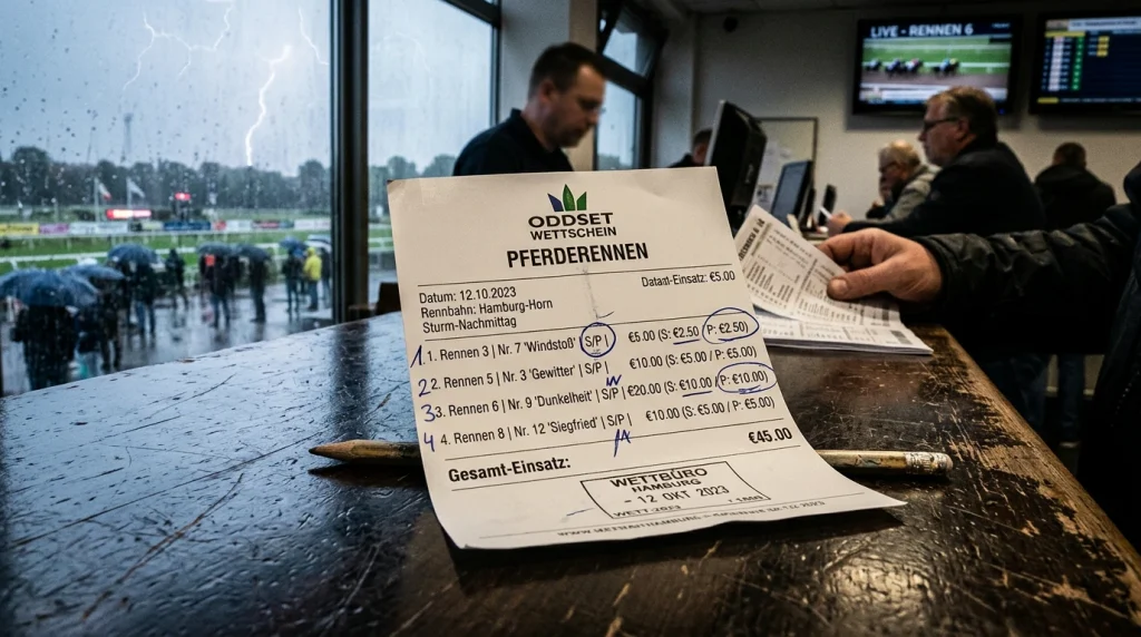 Wettschein mit Each-Way-Auswahl bei einem Pferderennen