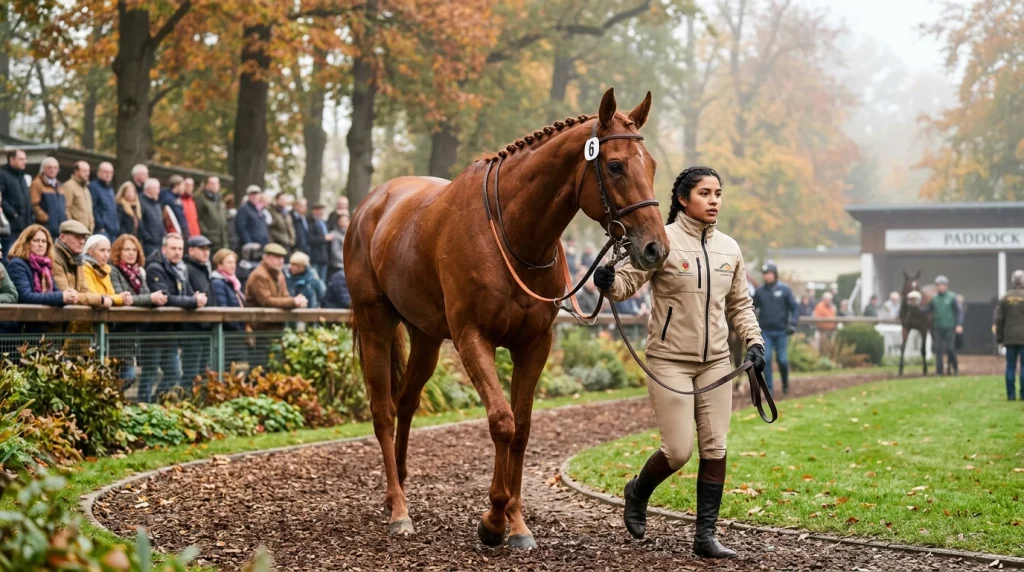 Favoritenpferd im Führring vor einem Rennen