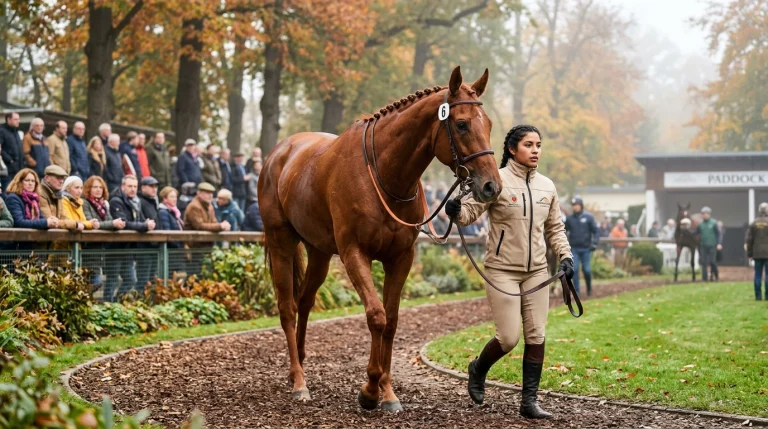 Favoritenpferd im Führring vor einem Rennen