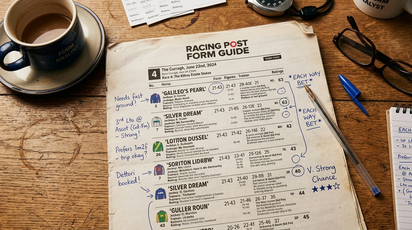 Detailaufnahme einer Racecard mit handschriftlichen Analysenotizen
