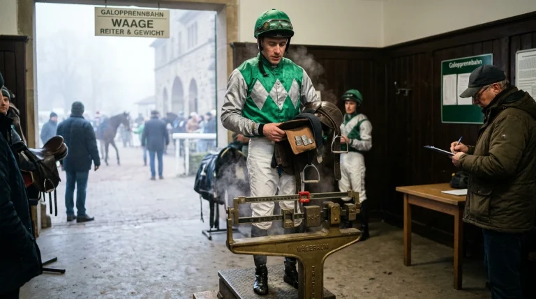 Jockey mit Sattel und Bleigewichten vor einem Handicap-Rennen
