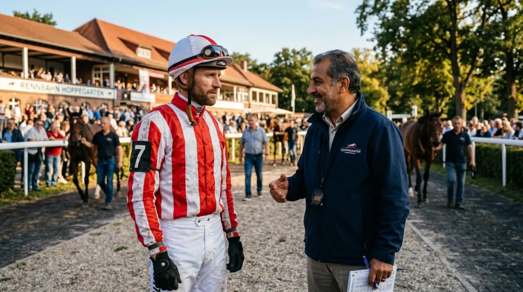 Jockey im Gespräch mit Trainer vor einem Rennen im Führring