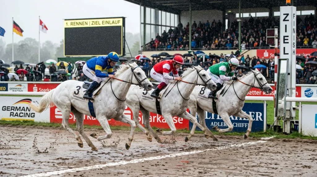 Fotofinish mit drei Pferden an der Ziellinie eines Galoppennens