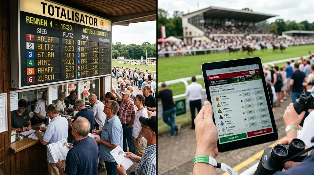 Totalisator-Anzeigetafel und Buchmacher-Quotenbildschirm auf einer deutschen Pferderennbahn