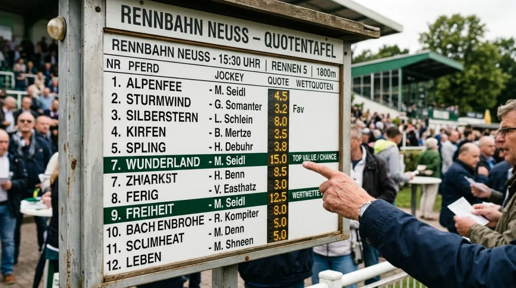 Quotentafel mit markierten Value-Wetten auf einer Pferderennbahn